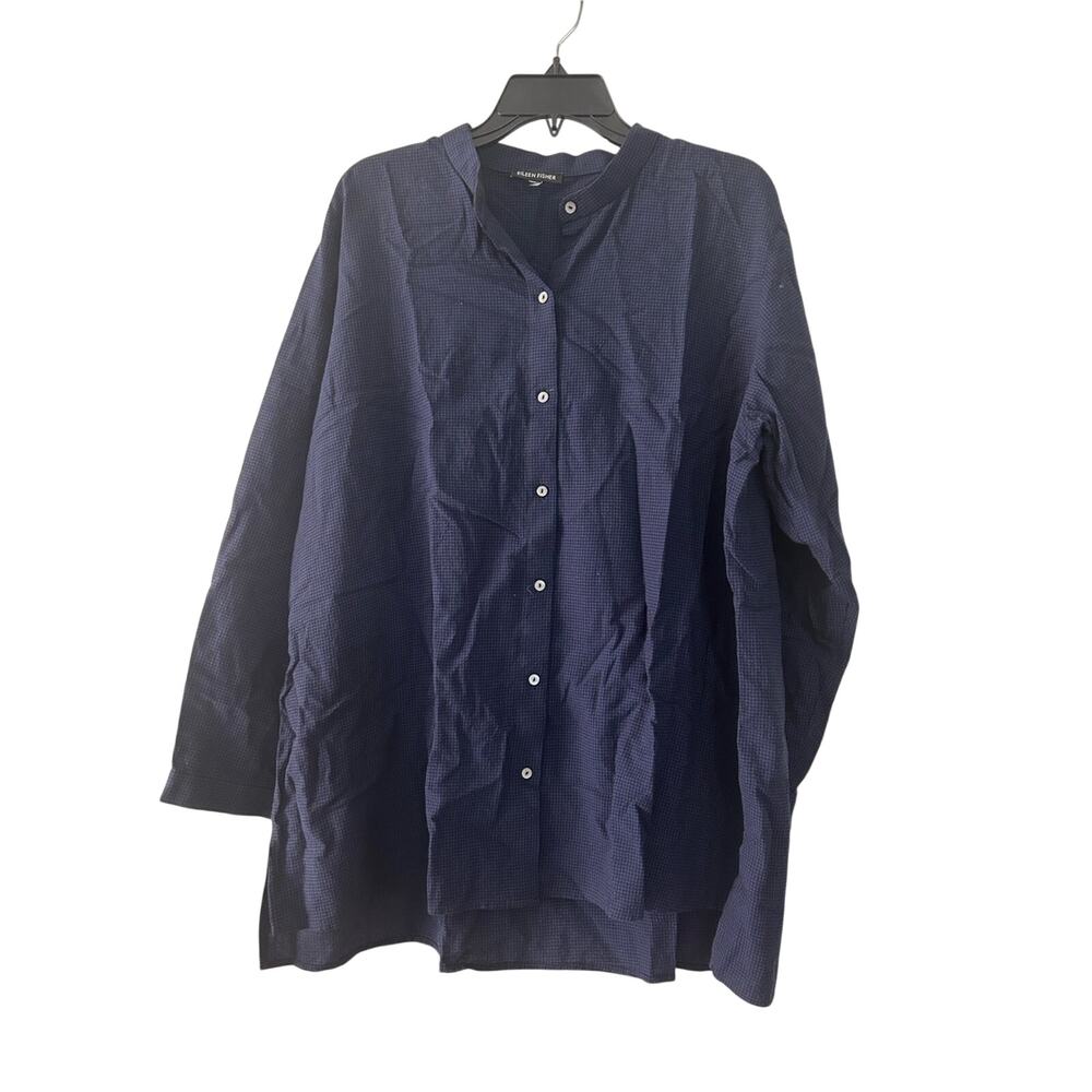 Eileen Fisher Deep Navy and Black Checked Button-Down Shirt Size 2X